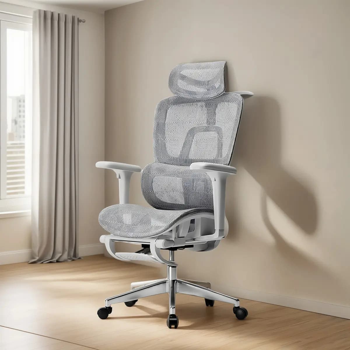 Silla de escritorio reclinable E14 gris de Lubabycas en un home office con escritorio y monitor