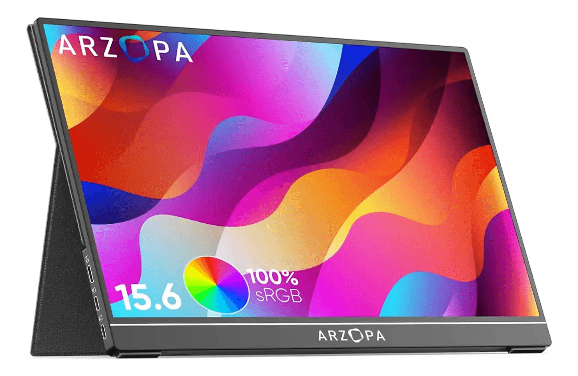 Monitor portátil Arzopa A1 de 15.6 pulgadas Full HD sobre un escritorio con notebook y taza de café